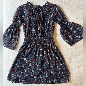 Lightweight Floral Dress W Bell Sleeves, Navy Blue w Multicolor Flowers. Sz 12